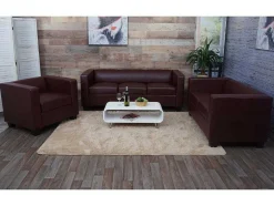Vente-unique Set Zitbank + Fauteuil-3-2-1 Bankstel Lille (3-Delig), Kunstleer, Roodbruin