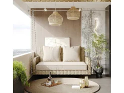 Vente-unique Hangstoel-114 Cm Hangstoel In Pe Rotan - 2 Plaatsen - 11 Cm Gewatteerd Zitkussen - Beige