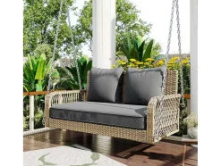 Vente-unique Hangstoel-114 Cm Hangstoel In Pe Rotan - 2 Plaatsen - 11 Cm Gecapitonneerd Zitkussen - Beige + Grijs