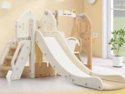 ModernLuxe Spel Voor Buiten-5 In 1 Glijbaan - Met Trap, Schommel, Opbergruimte, Basketbalring - Lichtgeel
