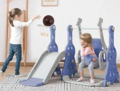 ModernLuxe Spel Voor Buiten-4 In 1 Glijbaan - Met Trap, Schommel, Basketbalring - Blauw