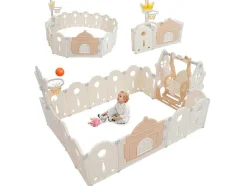 ModernLuxe Babymeubel-Afneembare En Opvouwbare Babybox 12+2 Met Speelbord, Basketbalring En Schommel Poederroze