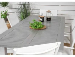 Vente-unique Tuinset-Albany Tuinmeubelset Tafel 90X152/210Cm En 6 Stoel Santorini Wit, Grijs, Cremekleur.