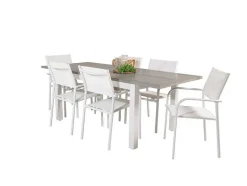 Vente-unique Tuinset-Albany Tuinmeubelset Tafel 90X152/210Cm En 6 Stoel Santorini Wit, Grijs, Cremekleur.