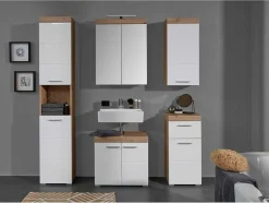 Trendteam Wastafelmeubel-Amandamandobea Badkamerkast 1 Lade, 2 Deuren Eiken Decor, Wit Hoogglans.