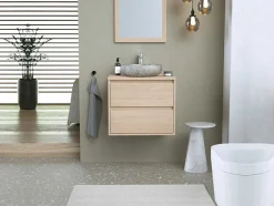 Vente-unique Badkamermeubel Met Enkele Wastafel-Badkamermeubel Met Opzetwastafel Van Steen Met Spiegel - Eikenfineer - 60 Cm - Milipam