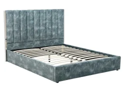 Vente-unique Fluwelen Bed-Bed 140 X 190 Cm Met Hoofdbord Met Verticale Stiksels - Velours - Groenblauw - Feroya