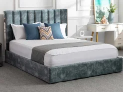 Vente-unique Fluwelen Bed-Bed 140 X 190 Cm Met Hoofdbord Met Verticale Stiksels - Velours - Groenblauw - Feroya