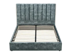 Vente-unique Fluwelen Bed-Bed 140 X 190 Cm Met Hoofdbord Met Verticale Stiksels - Velours - Groenblauw - Feroya