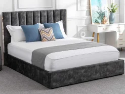 Vente-unique Fluwelen Bed-Bed 160 X 200 Cm Met Hoofdbord Met Verticale Stiksels - Velours - Antraciet - Feroya