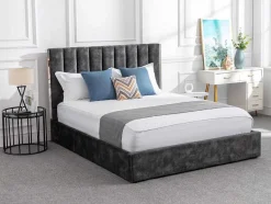Vente-unique Fluwelen Bed-Bed 140 X 190 Cm Met Hoofdbord Met Verticale Stiksels - Velours - Antraciet - Feroya