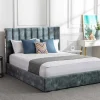 Vente-unique Fluwelen Bed-Bed 140 X 190 Cm Met Hoofdbord Met Verticale Stiksels - Velours - Groenblauw + Matras - Feroya