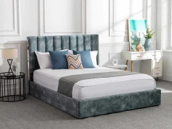 Vente-unique Fluwelen Bed-Bed 140 X 190 Cm Met Hoofdbord Met Verticale Stiksels - Velours - Groenblauw + Matras - Feroya