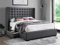 Vente-unique Tweepersoonsbed-Bed Gewatteerd Hoofdbord - Met Laden - 160 X 200 Cm - Stof Grijs - Leonce