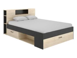 Vente-unique Aanbiedingen: Slaapkamer & Kantoor-Bed Leandre Met Hoofdeinde, Opbergruimte En Lades - 160 X 200 Cm - Kleur: Eiken En Antraciet