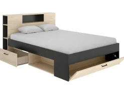 Vente-unique Aanbiedingen: Slaapkamer & Kantoor-Bed Leandre Met Hoofdeinde, Opbergruimte En Lades - 160 X 200 Cm - Kleur: Eiken En Antraciet