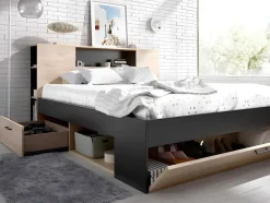 Vente-unique Aanbiedingen: Slaapkamer & Kantoor-Bed Leandre Met Hoofdeinde, Opbergruimte En Lades - 160 X 200 Cm - Kleur: Eiken En Antraciet