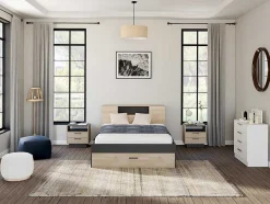 Vente-unique Aanbiedingen: Slaapkamer & Kantoor-Bed Leandre Met Hoofdeinde, Opbergruimte En Lades - 160 X 200 Cm - Kleur: Eiken En Antraciet