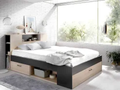 Vente-unique Aanbiedingen: Slaapkamer & Kantoor-Bed Leandre Met Hoofdeinde, Opbergruimte En Lades - 160 X 200 Cm - Kleur: Eiken En Antraciet