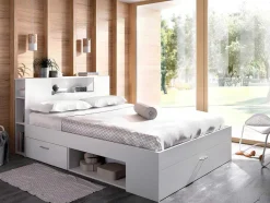 Vente-unique Tweepersoonsbed-Bed Leandre Met Hoofdeinde, Opbergruimte En Lades - 160 X 200 Cm - Kleur: Wit