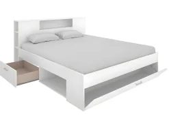 Vente-unique Tweepersoonsbed-Bed Leandre Met Hoofdeinde, Opbergruimte En Lades - 160 X 200 Cm - Kleur: Wit