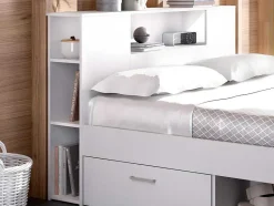 Vente-unique Tweepersoonsbed-Bed Leandre Met Hoofdeinde, Opbergruimte En Lades - 160 X 200 Cm - Kleur: Wit