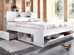 Vente-unique Tweepersoonsbed-Bed Leandre Met Hoofdeinde, Opbergruimte En Lades - 160 X 200 Cm - Kleur: Wit
