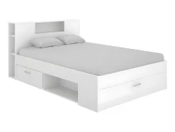 Vente-unique Tweepersoonsbed-Bed Leandre Met Hoofdeinde, Opbergruimte En Lades - 140 X 190 Cm - Kleur: Wit