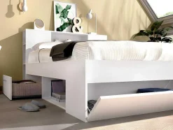 Vente-unique Tweepersoonsbed-Bed Leandre Met Hoofdeinde, Opbergruimte En Lades - 140 X 190 Cm - Kleur: Wit