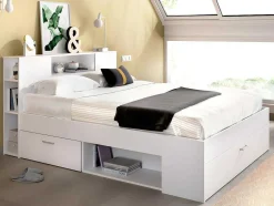 Vente-unique Tweepersoonsbed-Bed Met Hoofdeinde Met Opbergruimte En Lades - 140 X 190 Cm - Kleur: Wit + Bedbodem + Matras - Leandre