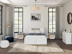 Vente-unique Tweepersoonsbed-Bed Met Hoofdeinde Met Opbergruimte En Lades - 140 X 190 Cm - Kleur: Wit + Bedbodem + Matras - Leandre