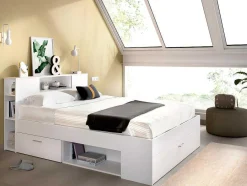 Vente-unique Tweepersoonsbed-Bed Met Hoofdeinde Met Opbergruimte En Lades - 140 X 190 Cm - Kleur: Wit + Bedbodem + Matras - Leandre