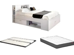 Vente-unique Tweepersoonsbed-Bed Met Hoofdeinde Met Opbergruimte En Lades - 140 X 190 Cm - Kleur: Wit + Bedbodem + Matras - Leandre