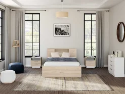 Vente-unique Aanbiedingen: Slaapkamer & Kantoor-Bed Met Hoofdeinde, Opbergruimte En Lades - 160 X 200 Cm - Eikenkleur - Leandre