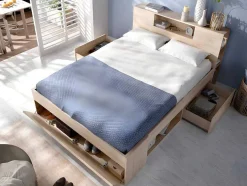 Vente-unique Aanbiedingen: Slaapkamer & Kantoor-Bed Met Hoofdeinde, Opbergruimte En Lades - 160 X 200 Cm - Eikenkleur - Leandre