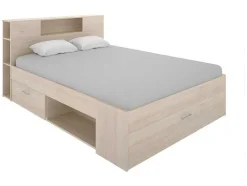 Vente-unique Aanbiedingen: Slaapkamer & Kantoor-Bed Met Hoofdeinde, Opbergruimte En Lades - 160 X 200 Cm - Eikenkleur - Leandre