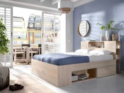 Vente-unique Aanbiedingen: Slaapkamer & Kantoor-Bed Met Hoofdeinde, Opbergruimte En Lades - 160 X 200 Cm - Eikenkleur - Leandre