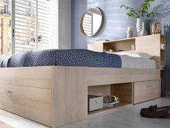 Vente-unique Aanbiedingen: Slaapkamer & Kantoor-Bed Met Hoofdeinde, Opbergruimte En Lades - 160 X 200 Cm - Eikenkleur - Leandre