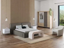 PASCAL MORABITO Fluwelen Bed-Bed Met Opbergruimte 180 X 200 Cm - Ribfluweel - Taupe + Matras - Timano
