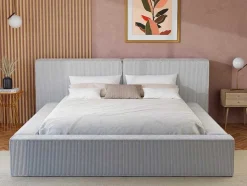 PASCAL MORABITO Fluwelen Bed-Bed Met Opbergruimte 180 X 200 Cm - Ribfluweel - Lichtgrijs + Matras - Timano
