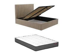 Vente-unique Fluwelen Bed-Bed Met Opbergruimte 180 X 200 Cm Met Hoofdbord Met Verticale Stiksels - Velours - Taupegrijs + Matras - Larali