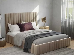 Vente-unique Fluwelen Bed-Bed Met Opbergruimte 180 X 200 Cm Met Hoofdbord Met Verticale Stiksels - Velours - Taupegrijs + Matras - Larali