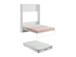 Vente-unique Tweepersoonsbed-Bedkast 160 X 200 Cm Verticaal Manueel Te Openen Wit Met Matras Malina Ii