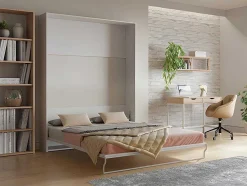 Vente-unique Tweepersoonsbed-Bedkast 160 X 200 Cm Verticaal Manueel Te Openen Wit Met Matras Malina Ii