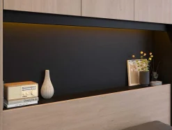 Vente-unique Hoofdeinde En Brugkast-Bedkast Met Opbergruimte - Met Ledverlichting - L265 Cm - Kleur: Naturel En Zwart - Velona