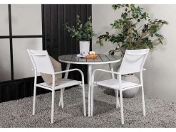 Vente-unique Loungeset-Break Tuinmeubelset Tafel O90Cm Grijs, 2 Stoelen Santorini Wit.