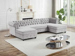 Vente-unique Xxl Hoekbank-Brede Hoekbank Van Lichtgrijs Velours Chesterfield