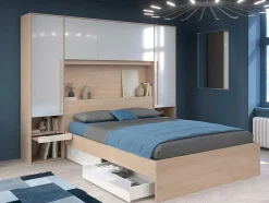 Vente-unique Hoofdeinde En Brugkast-Brugkast Met Opbergruimte - Met Ledverlichting - L265 Cm - Kleuren: Glanzend Wit En Houtlook - Velona