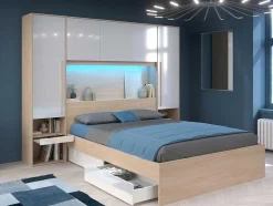 Vente-unique Hoofdeinde En Brugkast-Brugkast Met Opbergruimte - Met Ledverlichting - L265 Cm - Kleuren: Glanzend Wit En Houtlook - Velona