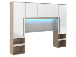 Vente-unique Hoofdeinde En Brugkast-Brugkast Met Opbergruimte - Met Ledverlichting - L265 Cm - Kleuren: Glanzend Wit En Houtlook - Velona